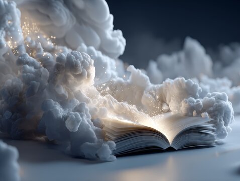 An open book emits light surrounded by floating clouds with glowing particles, creating a mystical and imaginative scene.