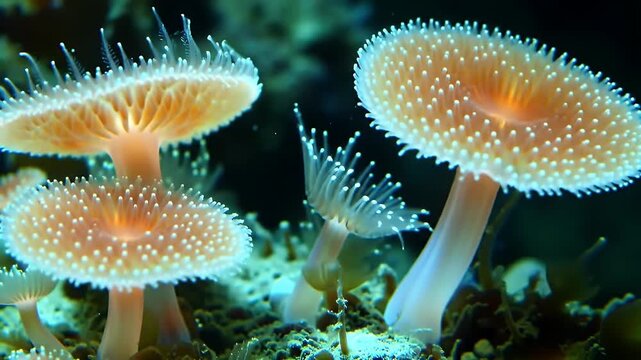 Captivating Close Up of Vibrant Actinodiscidae Coral Polyps Underwater Illuminated Setting Showcasing Marine Biodiversity and Delicate Coral Reef Ecosystem in Dark Ambiance and Tropical Marine Life