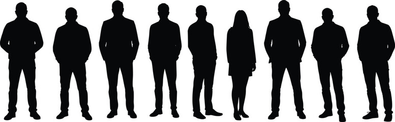 Silhouette group of business people, men and woman, corporate professionals, teamwork, leadership, office staff, success, collaboration, standing together, diversity