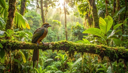 Beautiful Bird Resting on a Wooden Branch in the Heart of a Tropical Rainforest with Abundant Wildlife and Thick Jungle Greenery