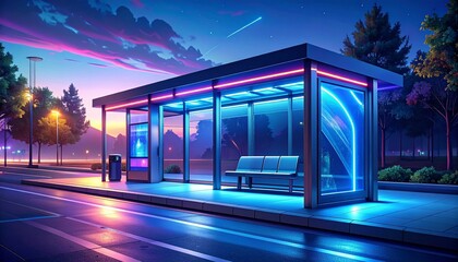 Modern bus stops with benches and digital screens create a calming, high-tech urban atmosphere. This digital design concept depicts the future of innovative public transportation