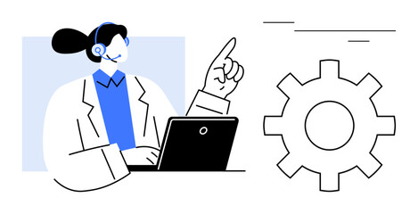 Woman with headset gestures while working on a laptop, alongside a gear icon. Ideal for customer service, technical support, digital solutions, training, problem-solving, teamwork, simple flat