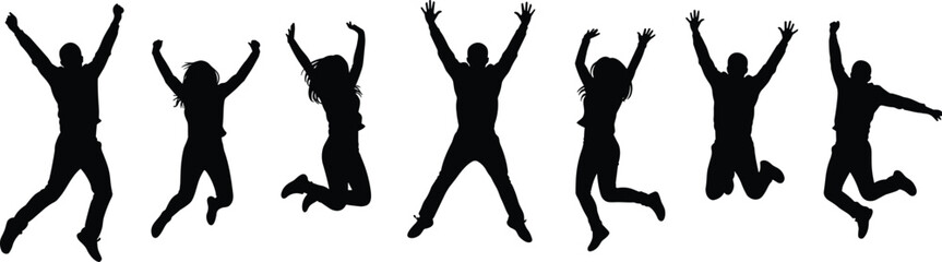 Silhouette people jumping, group happiness, joyful energy, active lifestyle, freedom motion, celebration success, teamwork vitality, fun movement, positive emotion, youth expression