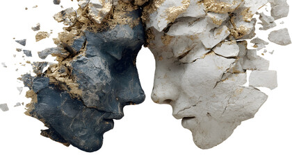 Obraz premium Conceptual image of two stone faces, one disintegratng, symbolizing human fraglity, mental health, and ientity crisis.