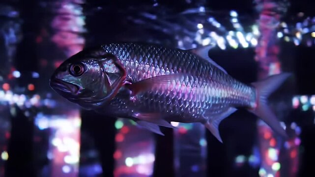 Captivating Silver Lookdown Fish Swimming Gracefully in Aquarium Setting with Abstract Bokeh Lighting Underwater World and Captivating Lookdown Fish with Silver Scales