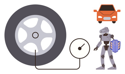 Robot using tools to inflate car tire paired with pressure gauge meter. Ideal for AI mechanics, automation, future technology, sustainable mobility, innovation, robotics, simple flat metaphor