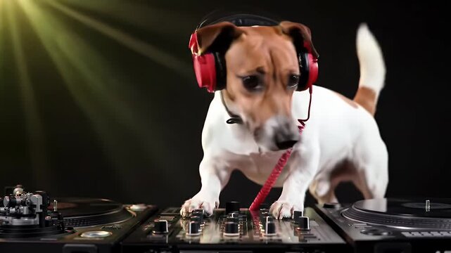 Charming Jack Russell Terrier with Red Headphones Paws on DJ Console Against Sleek Black Backdrop Radiating Playful Energy and Modern Vibe a Perfect Blend of Animal Antics and Audio Entertainment