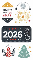 Obraz premium Big Set of 2026 Happy New Year logo text design. 2026 number design template. Collection of 2026 Happy New Year symbols. Vector illustration with black labels isolated on white background.