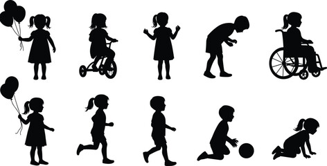 Silhouettes of children playing, running, walking, sitting, holding balloons, riding tricycle, boy and girl, wheelchair child, kids activity vector illustration