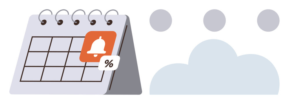 Spiral calendar with notification bell and percentage sign overlay, symbolizing scheduling, discounts, and timely reminders. Ideal for organization, planning, alerts, savings, productivity cloud