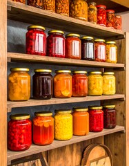 Preserved fruit in glass jars on wooden shelves