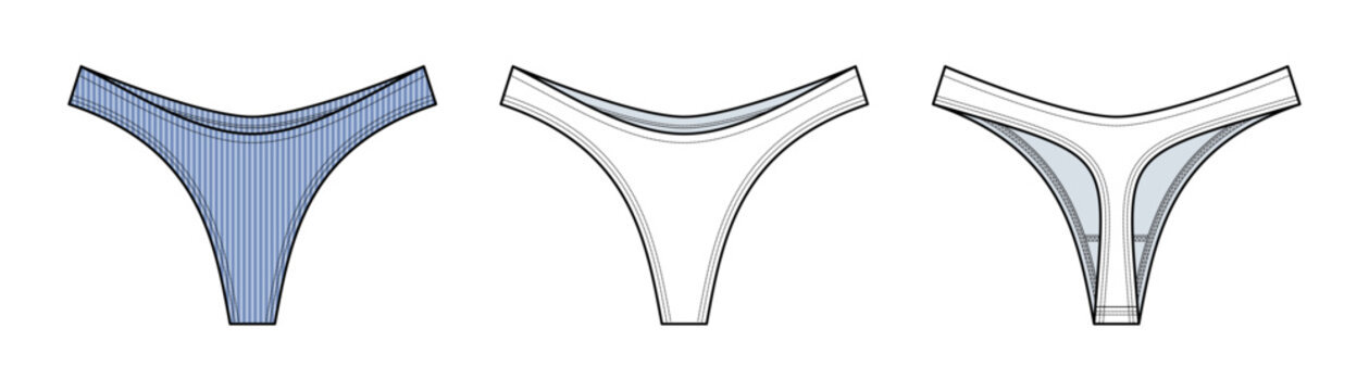 Mid-Rise Thong Underwear Technical Fashion sketch. Women&rsquo;s Lingerie Vector Template. Front and Back View. Minimal Coverage. Comfortable Fit. Blue and White Color. CAD Mockup Set.