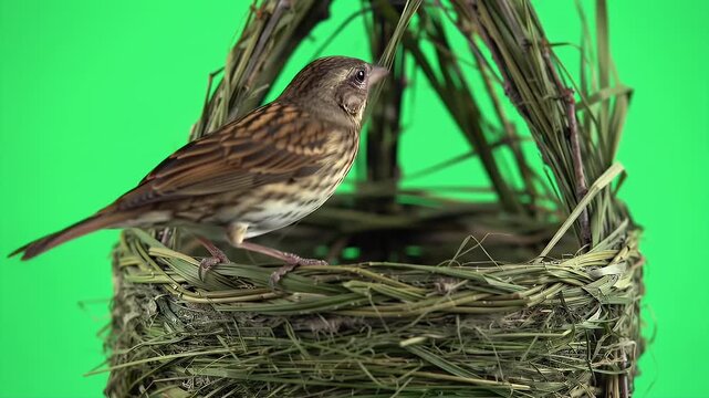 Close Up Field Sparrow Spizella Pusilla Perched Inside Hanging Twig Nest Against Green Screen Background Detailed Plumage of Brown White Bird in Wildlife Scene Perfect for Educational Content or