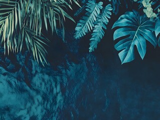 Dark Teal Tropical Leaves Background with Monstera and Palm