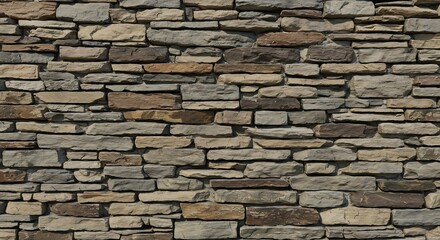 Obraz premium A closeup depicts a stone wall with irregularlyshaped rectangular blocks of varying shades of gray brown and beige