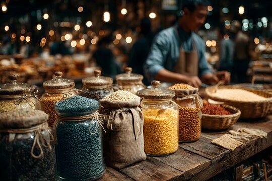 Bulk store shopping with glass jars and cloth bags, customer dispensing grains from gravity bins, subject and containers rendered with sharp edge fidelity, store aisles softly out of focus 