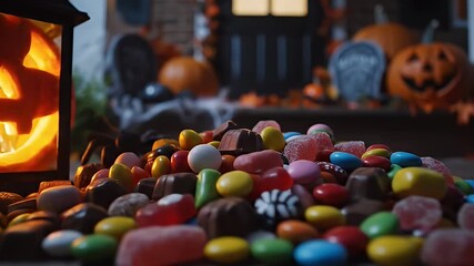 Festive halloween scene candy pile with lit pumpkin lantern