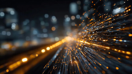 Speedy Sparks in Urban Landscape: A vibrant display of sparks streaks through the night, hinting at high speed and dynamic energy within a futuristic cityscape with blurred lights.