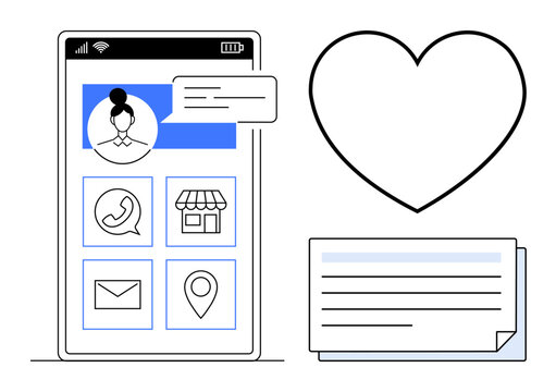Smartphone interface with contact icons, message notification, heart symbol, and business cards. Ideal for communication, relationships, networking, customer service, organization branding simple