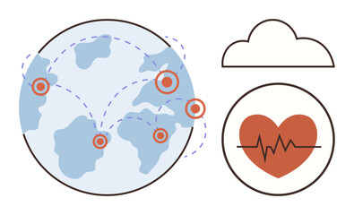 Globe with connected points and travel lines, a cloud icon, and a heart with an ECG line. Ideal for health, global connectivity, technology, medical care, innovation, telemedicine data sharing