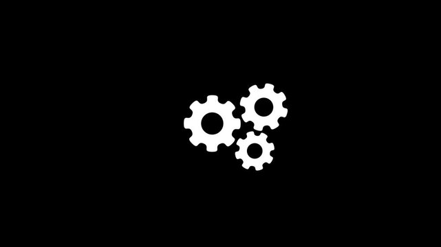 3 white gears spinning. Group of gears. Alpha channel. Gears rotating animation. System update and processing bar icon isolated .