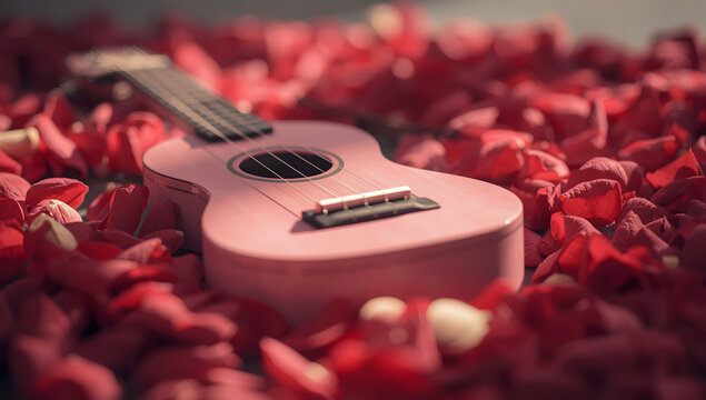 A pink ukulele rests amidst a bed of vibrant red rose petals, creating a romantic and musical scene. - Powered by Adobe