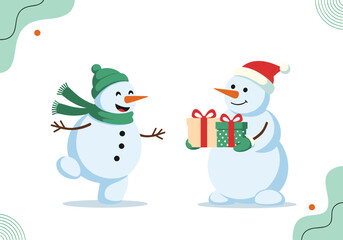 Two cheerful snowmen exchanging gifts on a white background with abstract green shapes and orange dots symbolizing winter celebration and friendship