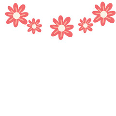 Flat 2D illustration of multiple pink flowers arranged across the top edge on a white background, decorative floral border for minimal design.
