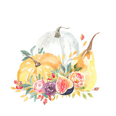 Pumpkin Autumn Clipart, watercolor orange pumpkins, fall leaves, seasonal flowers, rustic cozy elements, digital PNG elements for scrapbooking, planners, and social media design