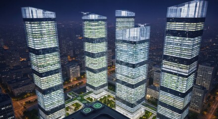 Modern Skyscrapers Glowing at Night in Urban Landscape