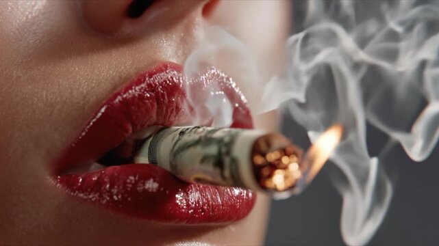 Close-up of woman&rsquo;s lips with glossy red lipstick holding burning banknote, smoke rising, dramatic fashion and financial concept