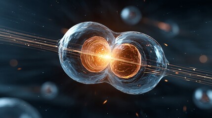 This image shows a detailed and dynamic view of cell fusion and atomic interaction in a high - tech scientific context.