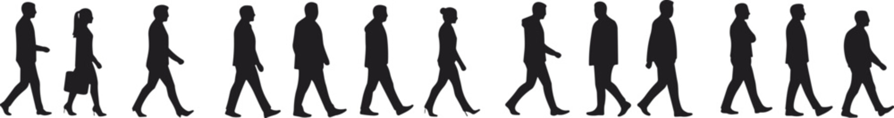 Business people silhouettes walking, men and women office workers, corporate staff group, professional employee icons, vector illustration, teamwork design