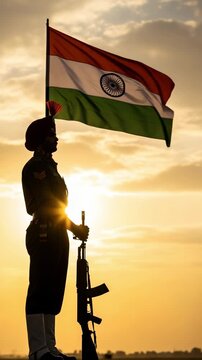 Silhouette of a brave Indian Sikh soldier in uniform holding a rifle and guarding the border with the Indian flag waving at sunset.