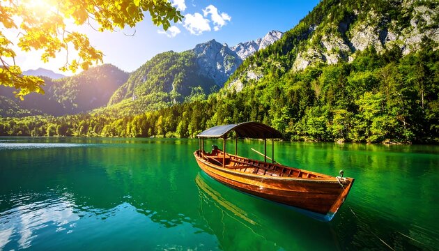 Alpine lake boat with sunny day.