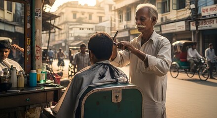Experienced Indian street barber with a mustache intently cutting a client's hair on a busy and vibrant street in India.