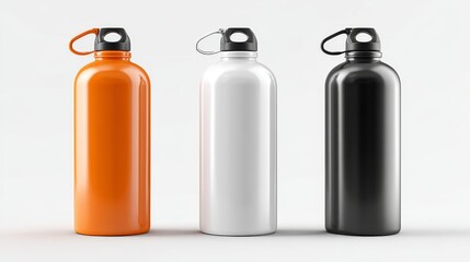 Three aluminum water bottles in orange, white, and black, suitable for outdoor activities and daily hydration.