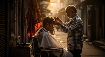 Indian street barber meticulously cutting a man's hair in the warm, golden light of late afternoon on a bustling street.