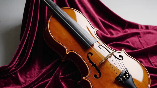 A beautiful violin rests on rich burgundy velvet, its polished wooden surface gleaming in soft light. The elegant curves and classic design highlight the instrument&rsquo;s artistry, warmth, and timeless mu