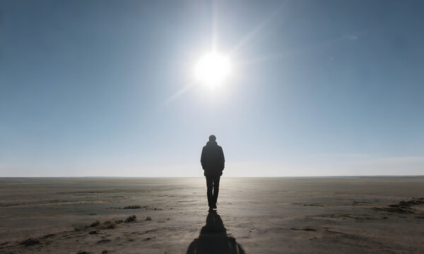 Silhouette of a Person Walking Towards the Sun in a Vast Landscape