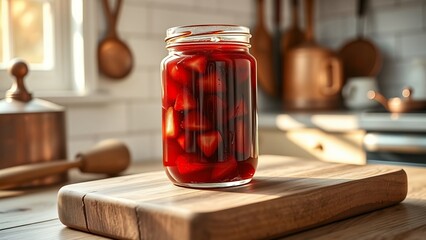 Mason Jar of Pickled Cherries on a Countertop