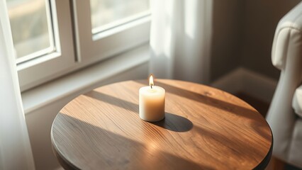 Serene Candle in Sunlight on Round Table