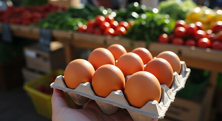 Hand holding carton of fresh brown eggs at farmers market, vibrant produce background
