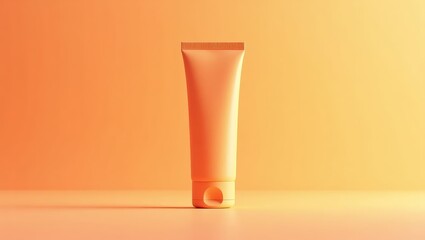 A single, peach-toned tube of cosmetic product stands out against a gradient peach-orange background.