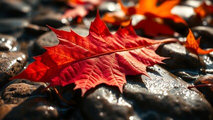 Autumn Leaf on Rocky Shore