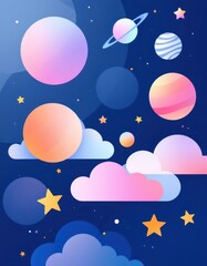 Pastel planets and clouds float against a dark blue night sky, dotted with stars; a whimsical, dreamy space scene with soft gradients