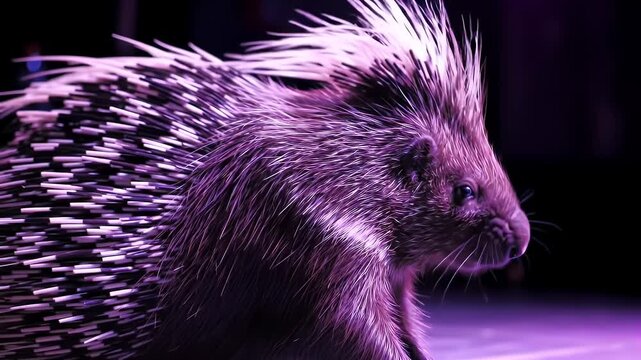 Detailed Close Up Profile of a North American Porcupine Walking Under Bright Purple Lighting with Sharp Quills Exhibiting Detailed Texture Against Dark Background Perfect for Stock Footage and