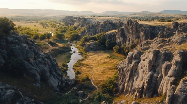 Panoramic view of Aktove Canyon, Nikolaev region, Ukraine, with river