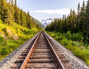 Obraz premium A tranquil railway track stretches into a vista of towering evergreens, snow-capped mountains, and wildflowers, creating a serene and inspiring landscape.