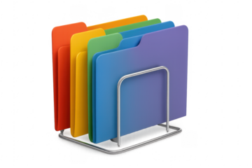 Colorful folders organized in a modern metal stand on transparent background